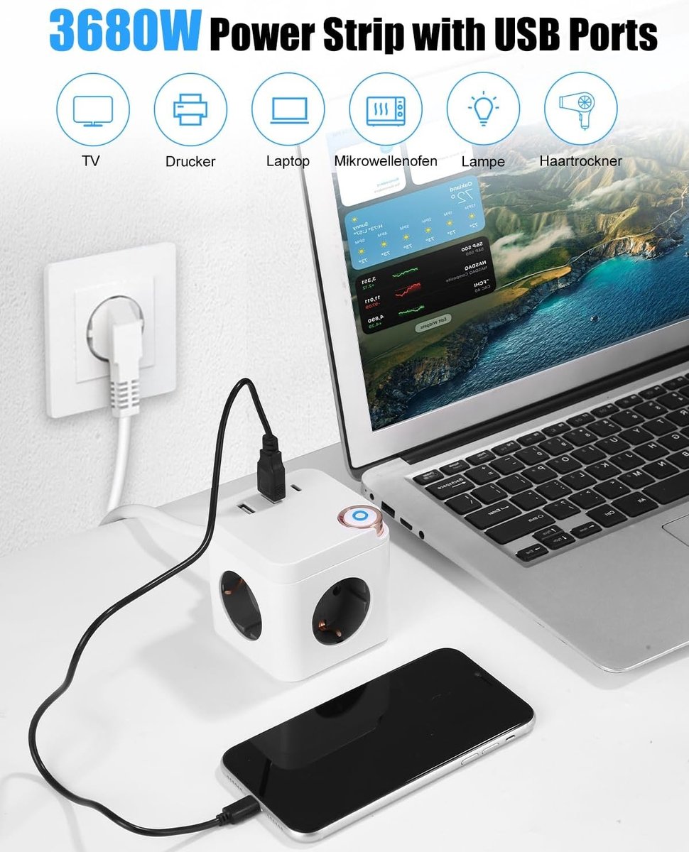 Stekkerdoos - Wit - 7,5 x 7,5 x 7,5 cm - 6-in-1 met 3 Stopcontacten en USB-poorten - Voor Thuis en Op Kantoor