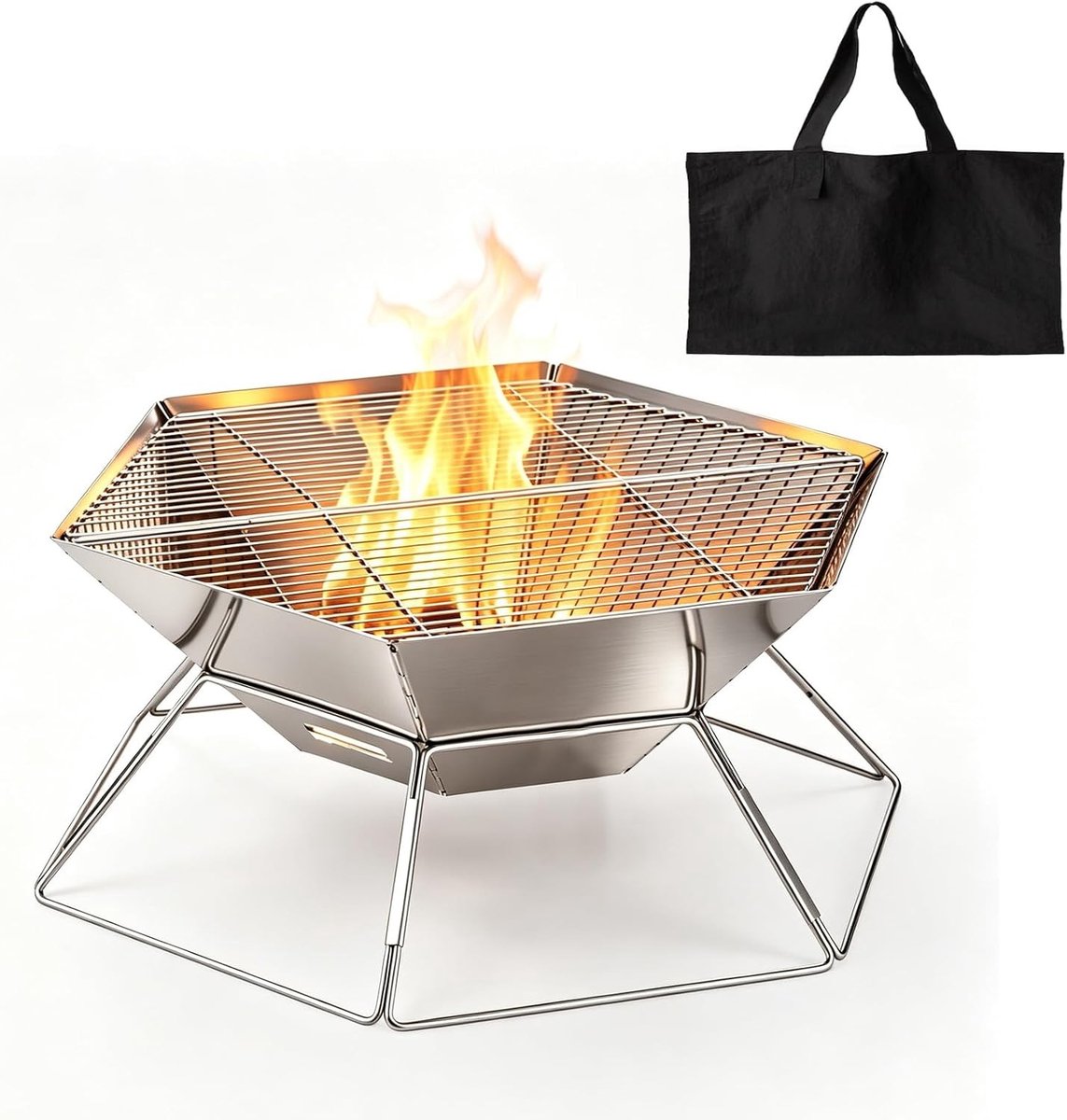 Draagbare Vuurkorf - Zilver - 50 x 43 x 21,5 cm - Roestvrij Staal met Grillrooster - Voor Buiten