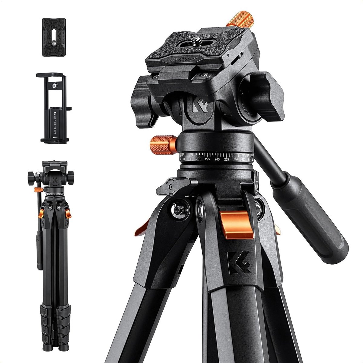 Camera Statief - Zwart - Fluidkopf - Aluminium met Vloeistofkop - Voor Smartphone en DSLR