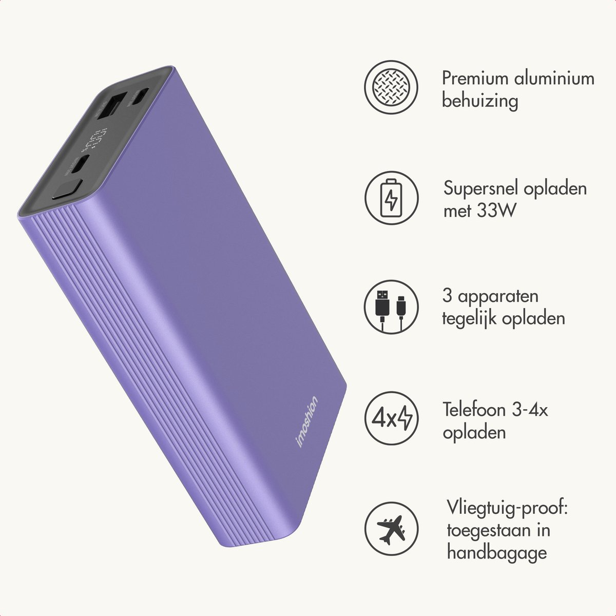 Imoshion Powerbank 20000 mAh 30W Paars met LED-indicator - afbeelding 2