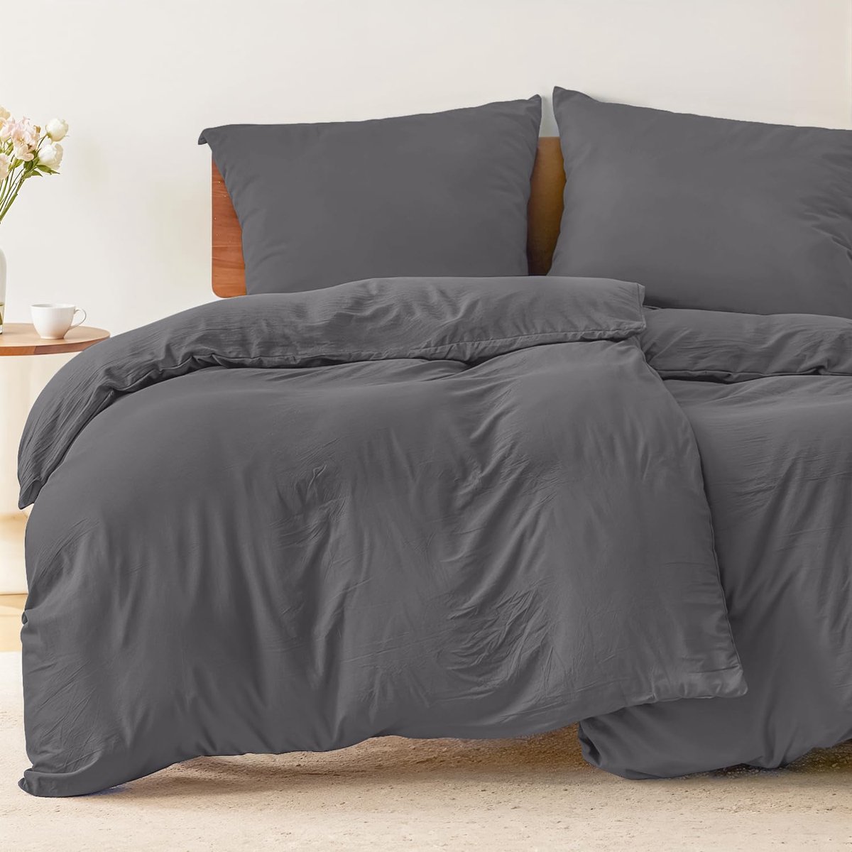 Famanu Set van 2 dekbedovertrekken 135 x 200 cm met 2 kussenslopen 80 x 80 cm, antraciet, 100% microvezel, vrij van schadelijke stoffen, ideaal voor een comfortabele nachtrust