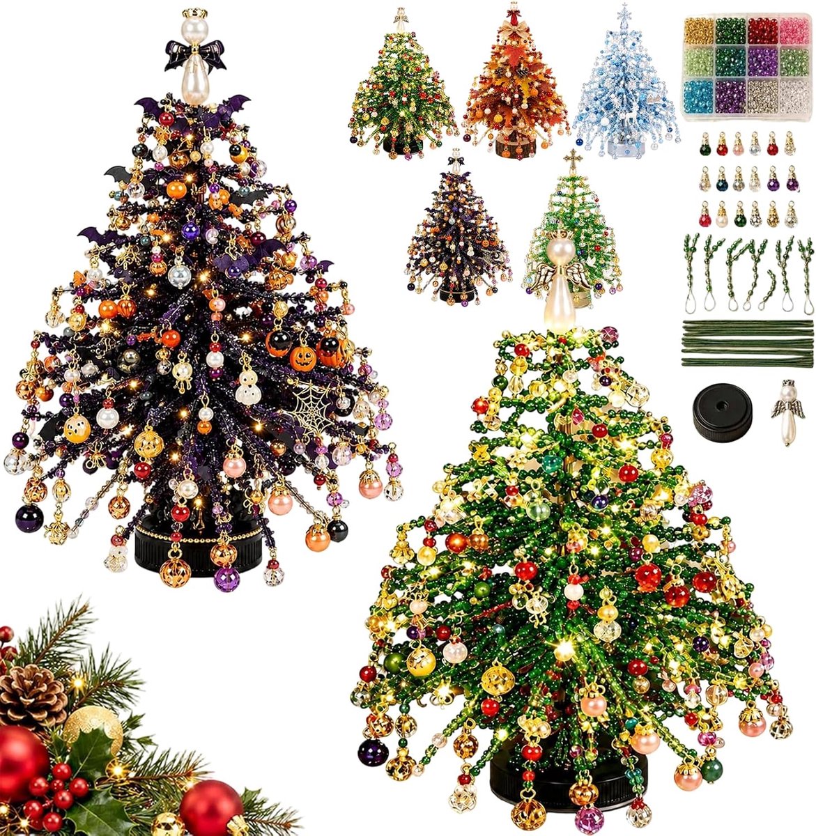 Kralen Kerstboom Knutselpakket met Ledverlichting - Set Van 2 - 3D Kristal Kralen DIY Kerstboomset - Kerstdecoratie voor Tafel - Kerst / Halloween Cadeau voor Kinderen en Volwassenen - SOLLBRY®