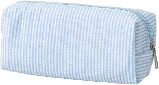 Blauw gestreept toilettasje met rits. Gemaakt van seersucker stof.