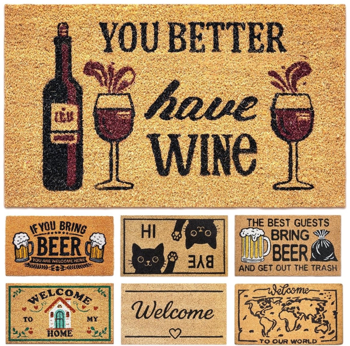 Famanu Grappige kokos deurmat met de tekst 'You Better Have Wine', 40 x 70 cm, ideaal voor binnen en buiten, stevige voetmat voor elke deur Zwart