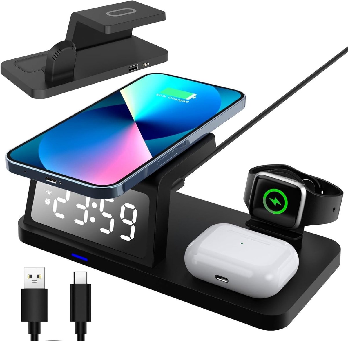 Draadloos Laadstation met Wekker - Wit - 188 x 92 x 55 mm - 3-in-1 Inductieve Oplader voor Smartphones, Horloges en Hoofdtelefoons