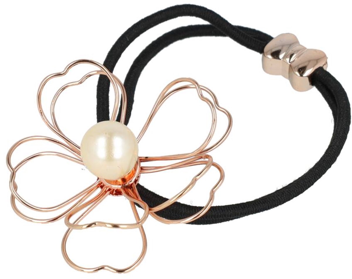 Haarsoires Haarelastiek – Bloem 5cm – Metaaldraad Parel – Zwart Wit Koper