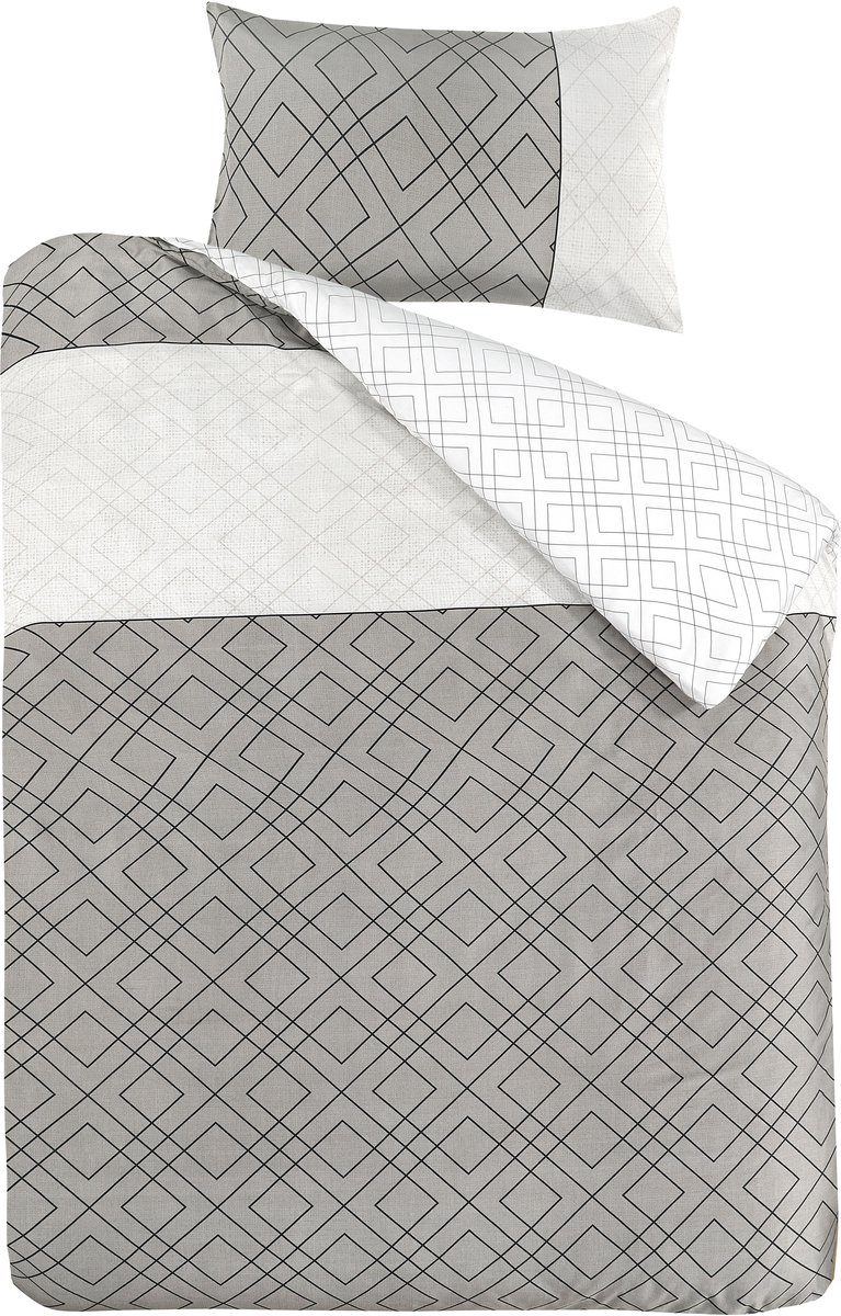 Padiro dekbedovertrek 200 x 240 cm - grijs - dubbelzijdig met geometrisch deisgn - katoensatijn - geometrisch patroon - met 2 kussenslopen 60 x 70 cm