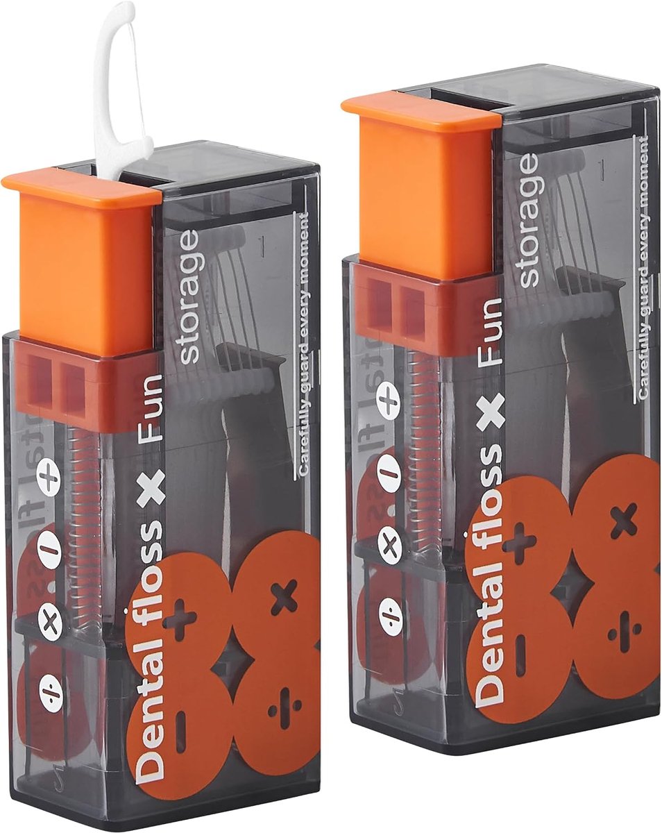 casalora Draagbare Flosdispenser Set van 2 – Navulbare Floshouder met Drukknop – Geschikt voor 10 Flosstokers – Zwart/Oranje