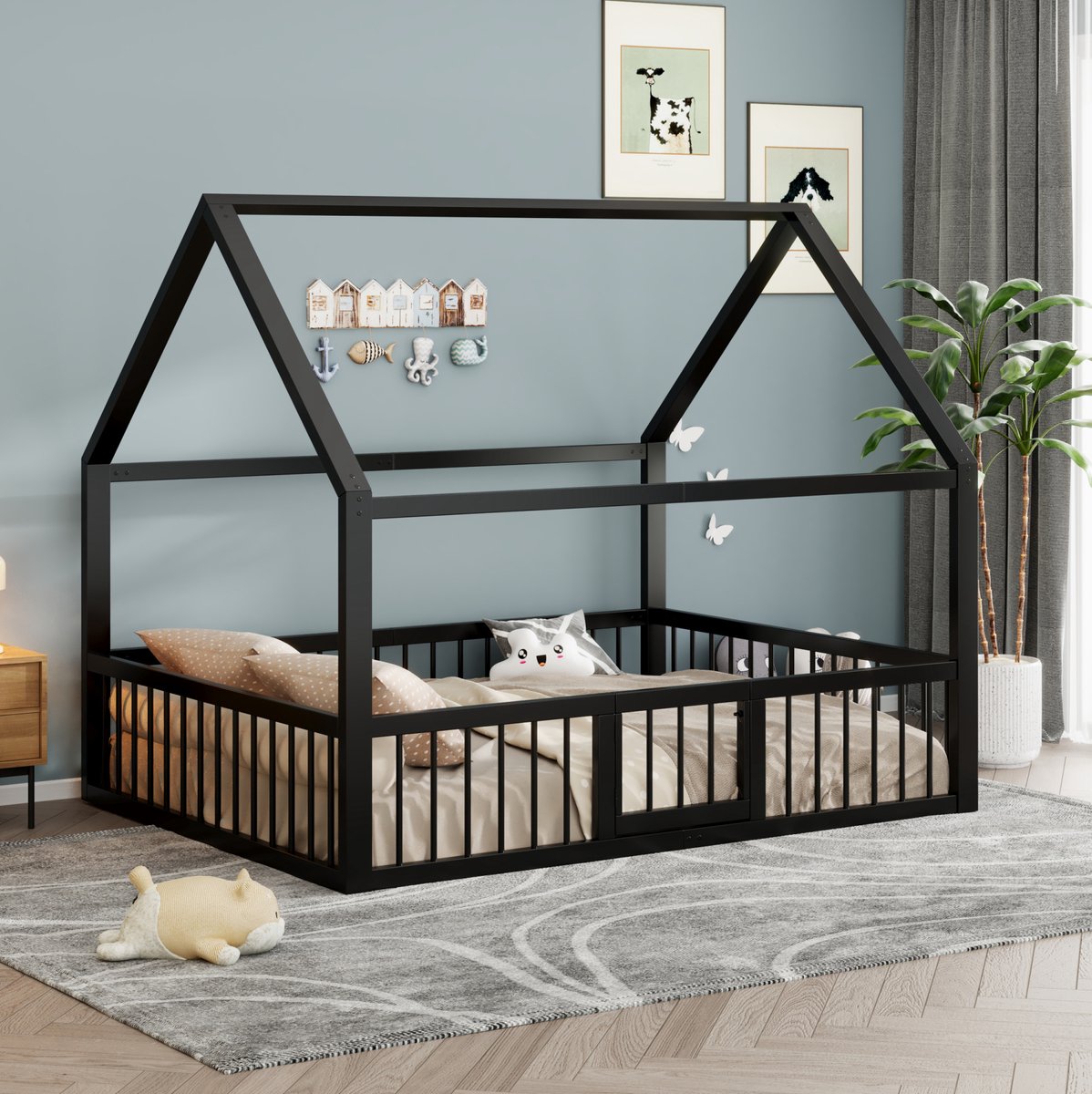Wishdor Kinderbed 140x200 cm - Metalen huisbed met veiligheidshekje - Zwart - Lattenbodem - Voor kinderkamer slaapkamer - Zonder matras - 204 x 144 x 168,9 cm