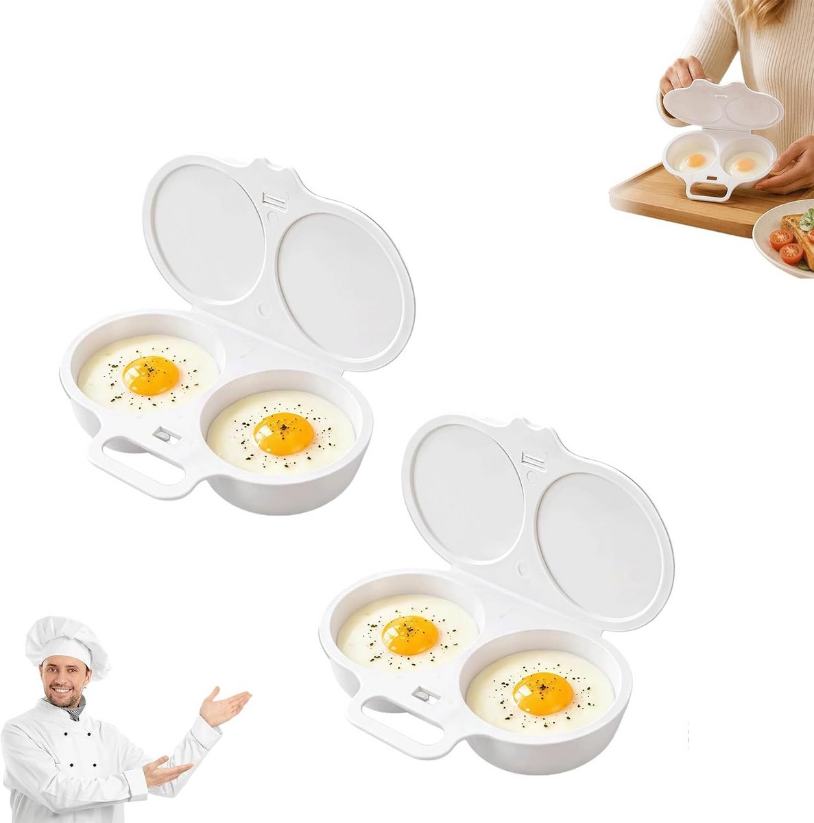 Eierkoker - 2 stuks - Magnetron Eierkoker - Dubbele Houders - Eierstoompan - Gepocheerd Ei - Egg Poacher - Hittebestendige Koker - Snel koken - 16x12x3cm