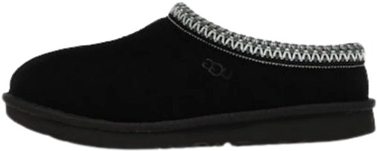 Zwarte UGG slipper met grijze en witte zigzagrand.