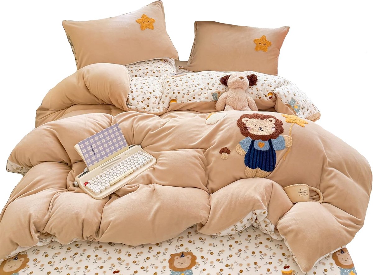 SnelShoppen - Kids Dekbedovertrekset met Leeuw Sterrenontwerp Pluche Deken Zacht Dekbedovertrek Kussenhoes voor 90 cm Bed Dieren Ontwerp Slaapkamer He