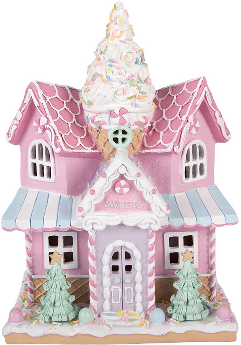 Clayre & Eef Gingerbread house met LED 21x14x28 cm Roze Kunststof