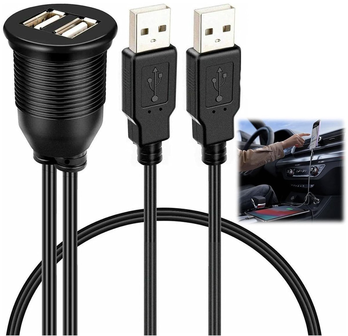 SnelShoppen - 2 Stuks USB 3.0 Inbouw USB 3.0 Kabel Mannelijk naar Vrouwelijk Dubbele USB Verlengkabel, Flush Mount Verlengkabel voor Auto, Boot en Mot