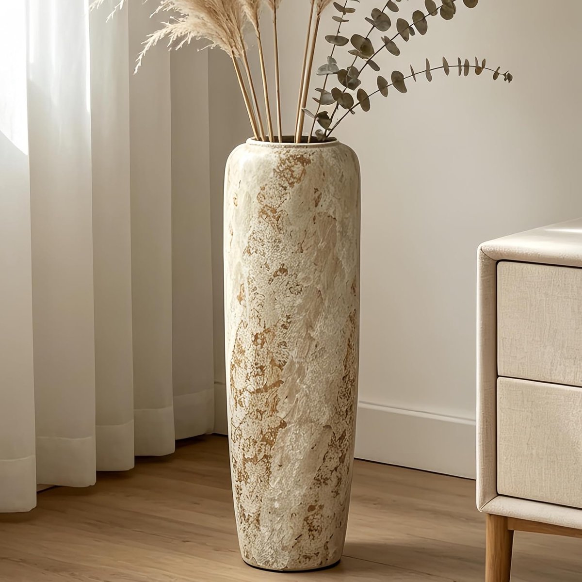 SnelShoppen - Boho Keramische Vloervaas 60 cm, Vintage Decoratievaas voor Pampasgras en Gedroogde Bloemen, Perfect voor Woonkamer, Tafels en Planken