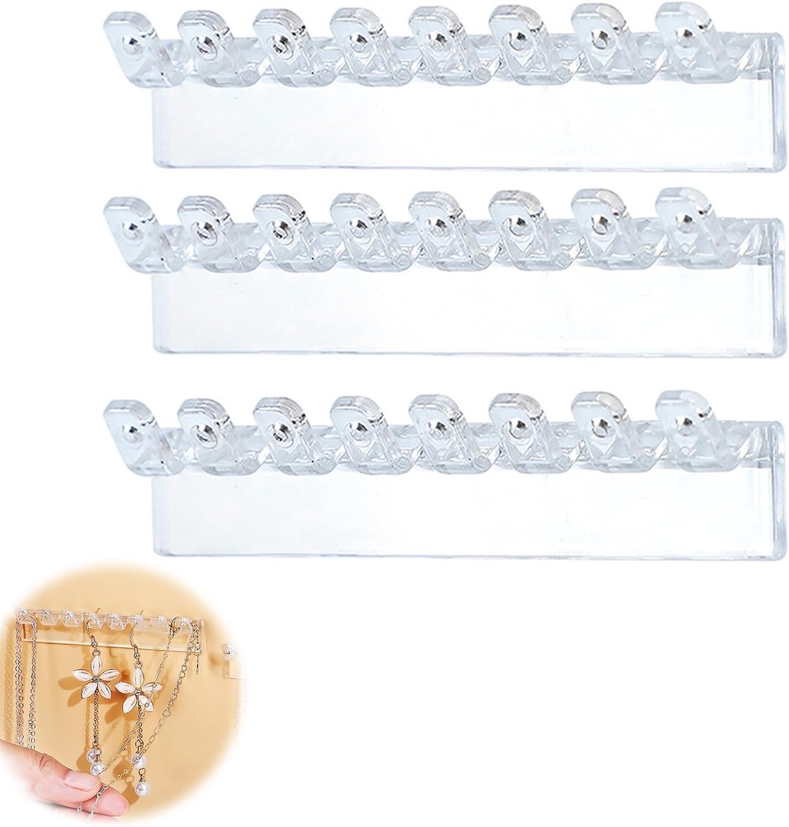 SnelShoppen - Pack van 3 Transparante Wand Sieraden Organizer, Zelfklevende Sieraden Houder voor Kettingen, Armbanden, Oorbellen, Ruimtebesparend, Mod