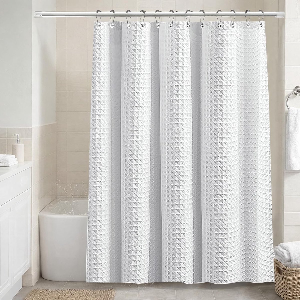 SnelShoppen - Douchegordijn Waterdicht 180 x 200 cm, Gestructureerd, Schimmelbestendig, Machinewasbaar, Inclusief Roestvrijstalen Haken, Wit, Voor Dou