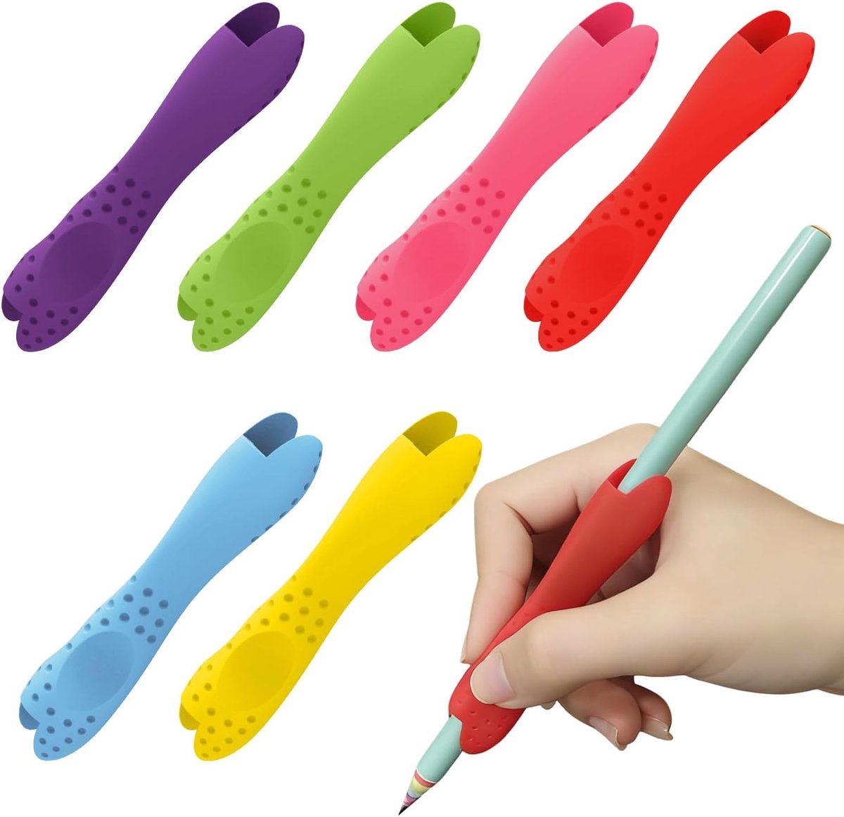 SnelShoppen - 6-delige silicone penhouder set, ergonomisch en antislip, dubbele kop schrijfhulpmiddelen, geschikt voor rechtshandigen en linkshandigen