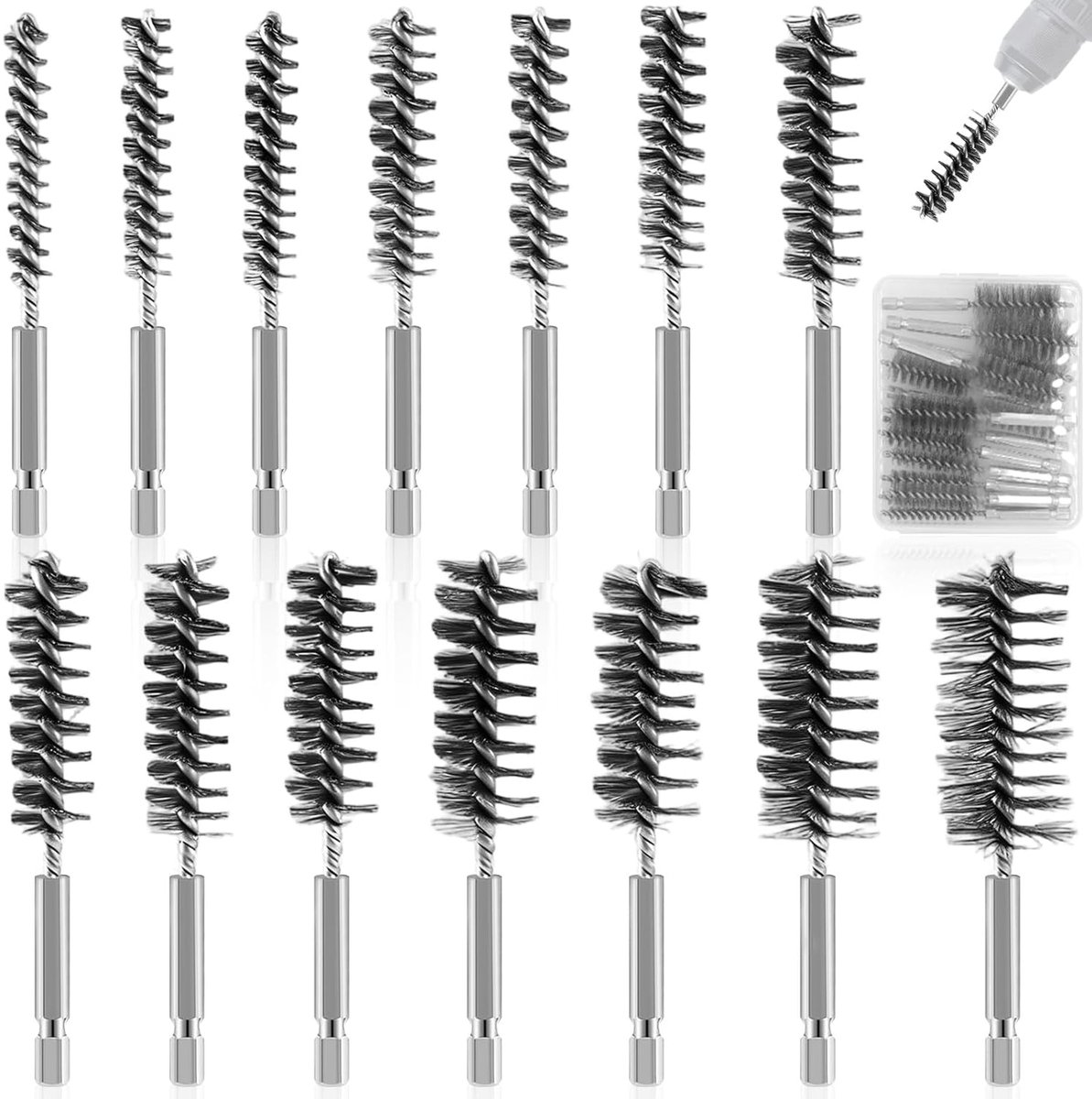 SnelShoppen - 14-delige Metaalborstelset, Boor met Hexaansluiting en Opbergdoos, RVS Borstels, Cilindrisch, 8-25mm, Pijpreiniging, Perforatieborstel v
