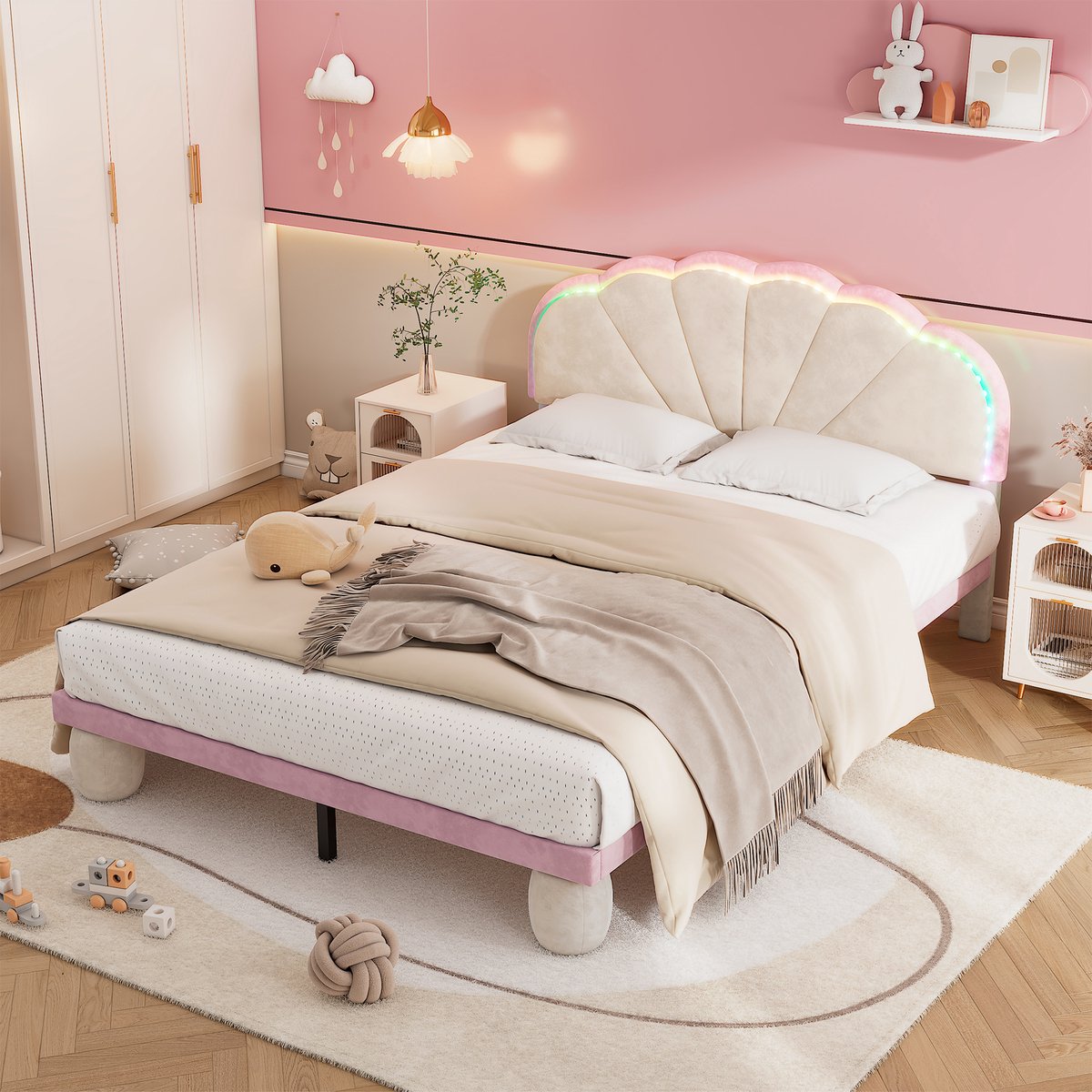 Gestoffeerd tweepersoonsbed 140x200 cm - Golvend hoofdeinde met meerkleurige LED-lichtstrip - Beige+Roze - Zachte fluwelen bekleding en ronde gestoffeerde poten - Inclusief houten lattenbodem