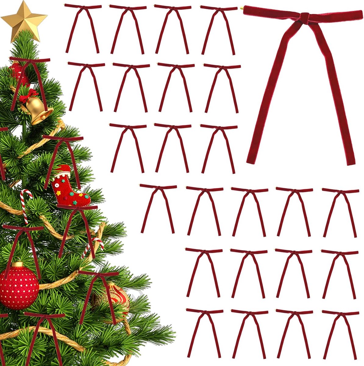 SnelShoppen - 24 Pcs Luxe Fluwelen Kerststrikken, Rode Decoratie voor Kerstboom, Feest, Cadeaus, Handgemaakt, Hoogwaardige Materialen, Perfect voor Th
