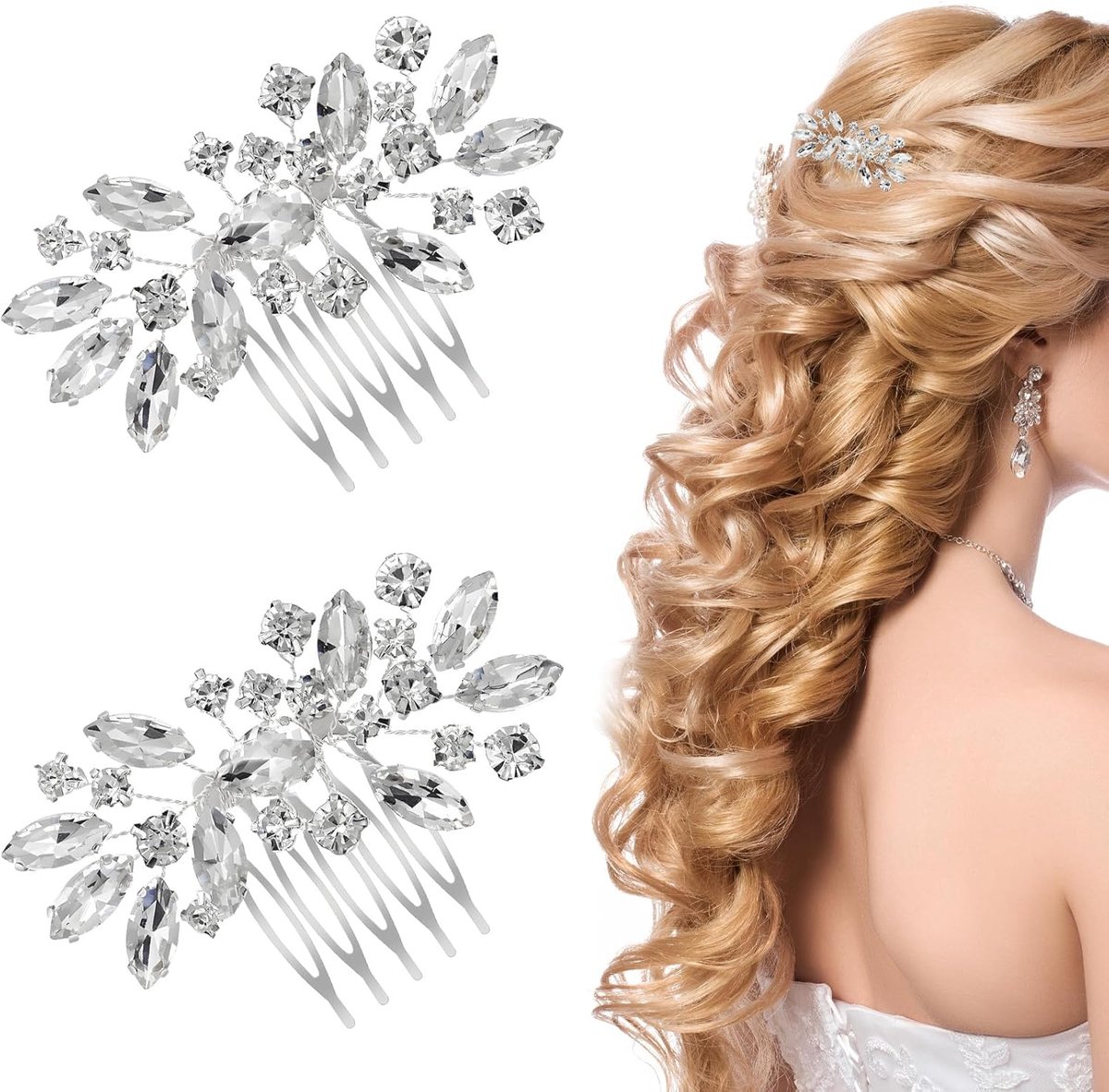 SnelShoppen - 2 Stuks Zilveren Bruids Haaraccessoires met Strass Haarclips voor Vrouwen, Kristallen Haarclip Decoraties voor Bruiloften, Rhinestone Ha
