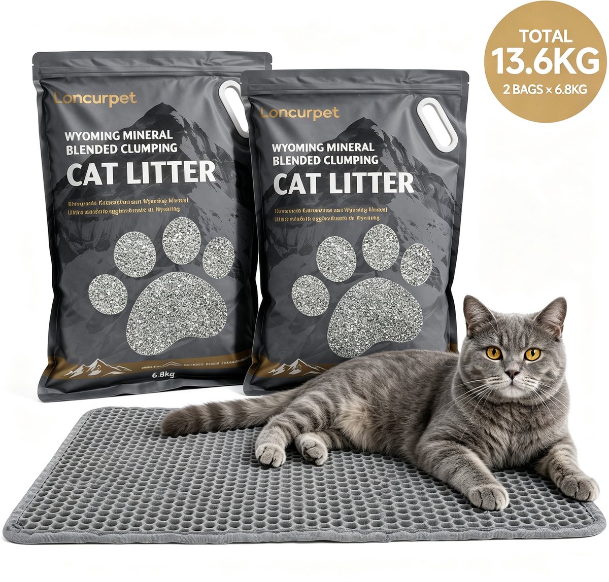 Loncurpet - Kattenbakvulling Met Kattenbakmat - 2 x 6,8kg - Wyoming Natrium Bentoniet Klei +Cassava - Premium Klontvormend - Plakt Niet aan de Bodem - 100% Stofvrij - Natuurlijke Geurneutralisatie