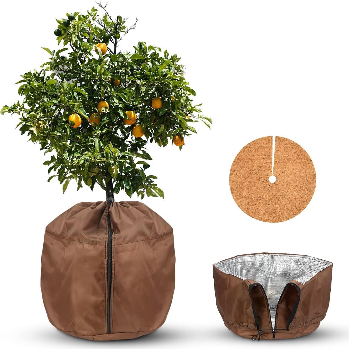 Thermo Pot Protection, 50 x 45 cm, Pot Protection for Plants, Winter, with Drawstring, Zip and Coconut, Mulching Disc - ShopVlot