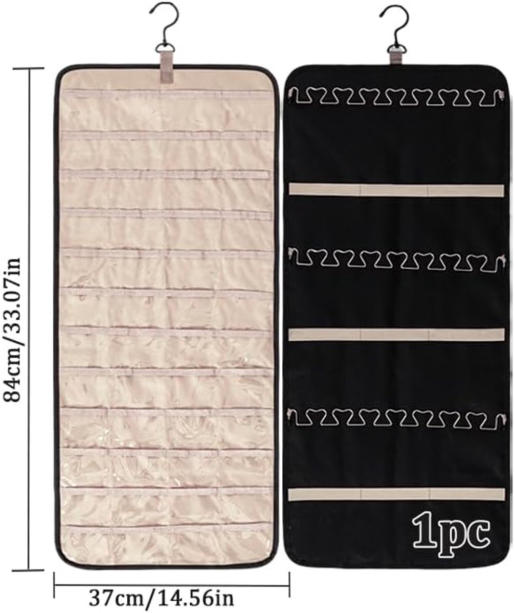 SnelShoppen - Dubbelzijdige Hangende Sieraden Organizer, Sieraden Opbergdoos met 48 Compartimenten en 3 Golfvormige Metaalhaakjes voor Oorbellen en Ri