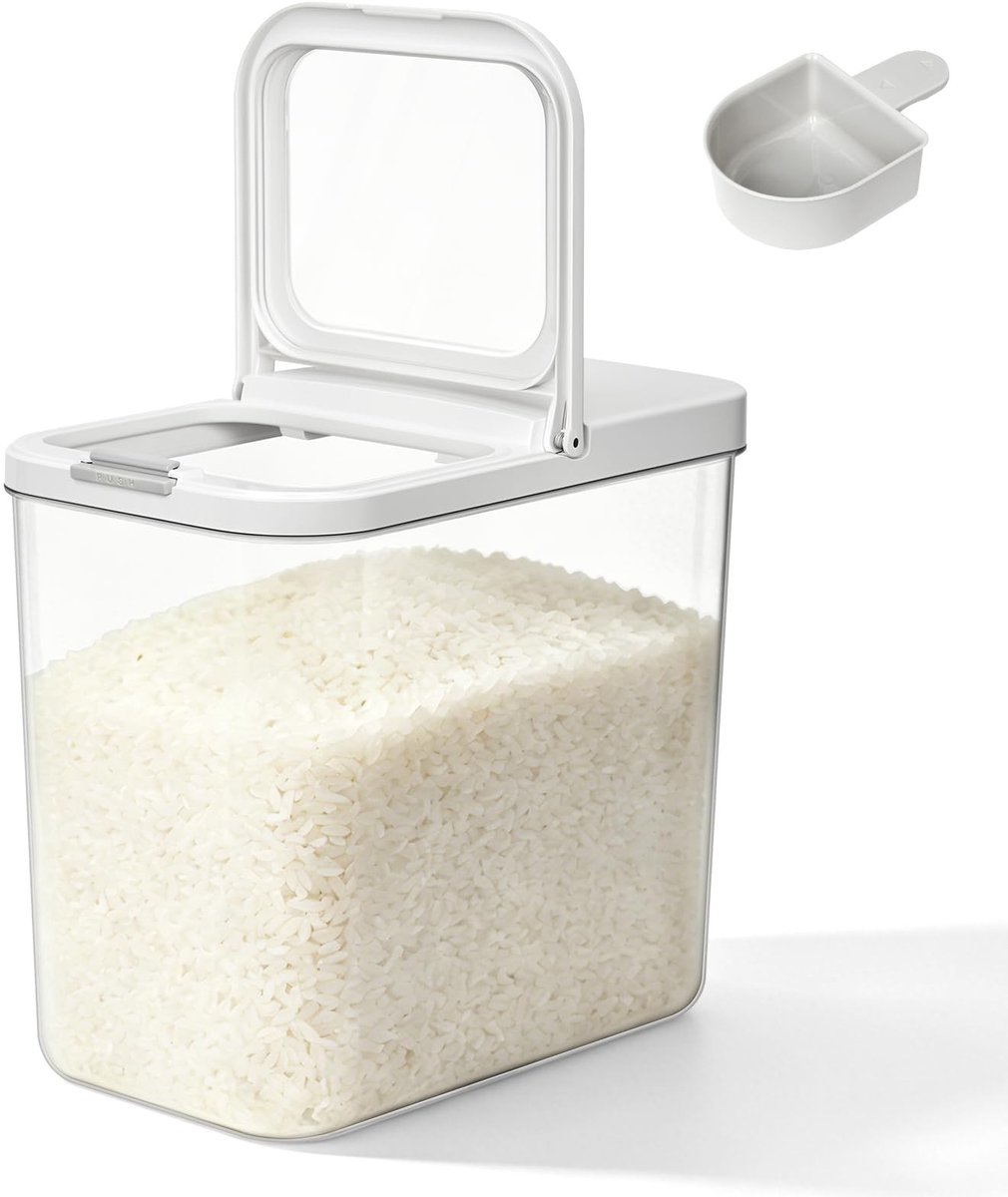 Omgoods- Rijstdispenser 10 kg - Transparante Voorraaddoos met Deksel - Luchtdichte Rijstcontainer - Opslag voor Droogvoer - Maatbeker - Keukenaccessoire