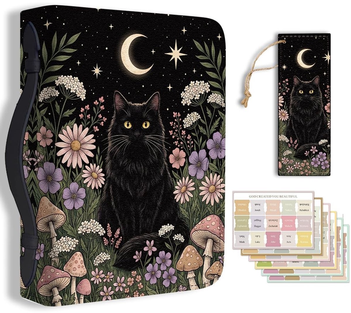 Omgoods - Leren Bijbelhoes met Maan en Kat Ontwerp