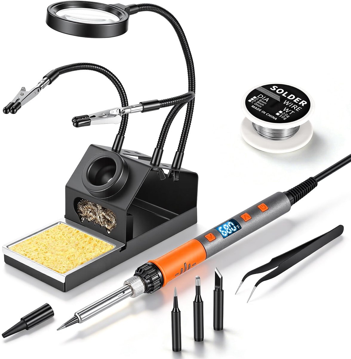 Omgoods- Soldeerboutset 100W krachtig - LCD digitale soldeerboutpen - snel verwarmend soldeergereedschap - ijzeren punten - soldeerdraad - pincet met vergrootglas