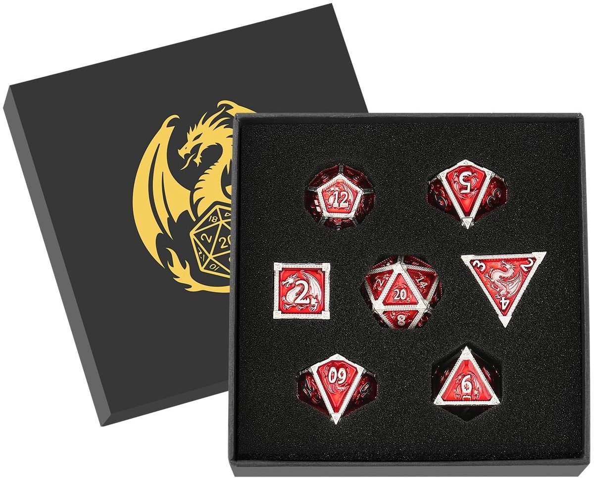 Omgoods - 7-Delige Metalen DND Dobbelset met Drakenpatroon