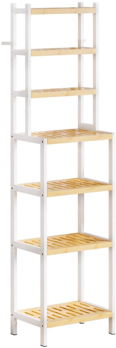 Omgoods- Bamboe Rek 7 Niveaus - Keukenrek/Badkamerrek - Staand Rek - Kantelbeveiliging - Duurzaam/Natuurlijk Bamboe - Waterdichte Beschermlaag - Plank