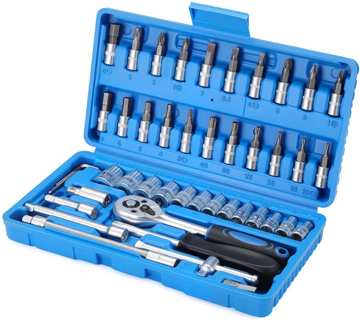 Omgoods- Dopsleutelset 46-delig - 24-tands ratelsleutel - Metrische sockets - Sleuf/Phillips/Pozidriv bits - Hex/Torx bits - Voor auto reparatie en huishouden - Gereedschapset