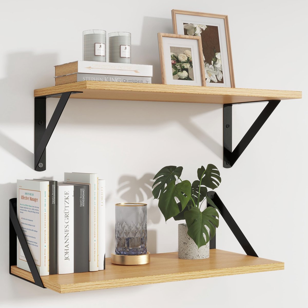 Omgoods - Set van 2 Drijvende Planken 40 x 20 cm Hout met Metalen Beugels