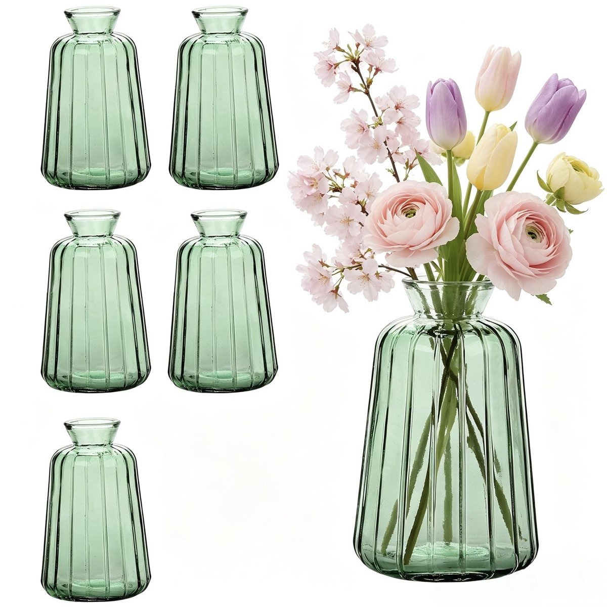 Omgoods - Set van 6 Kleine Glazen Vazen in Retro Stijl voor Tafeldecoratie