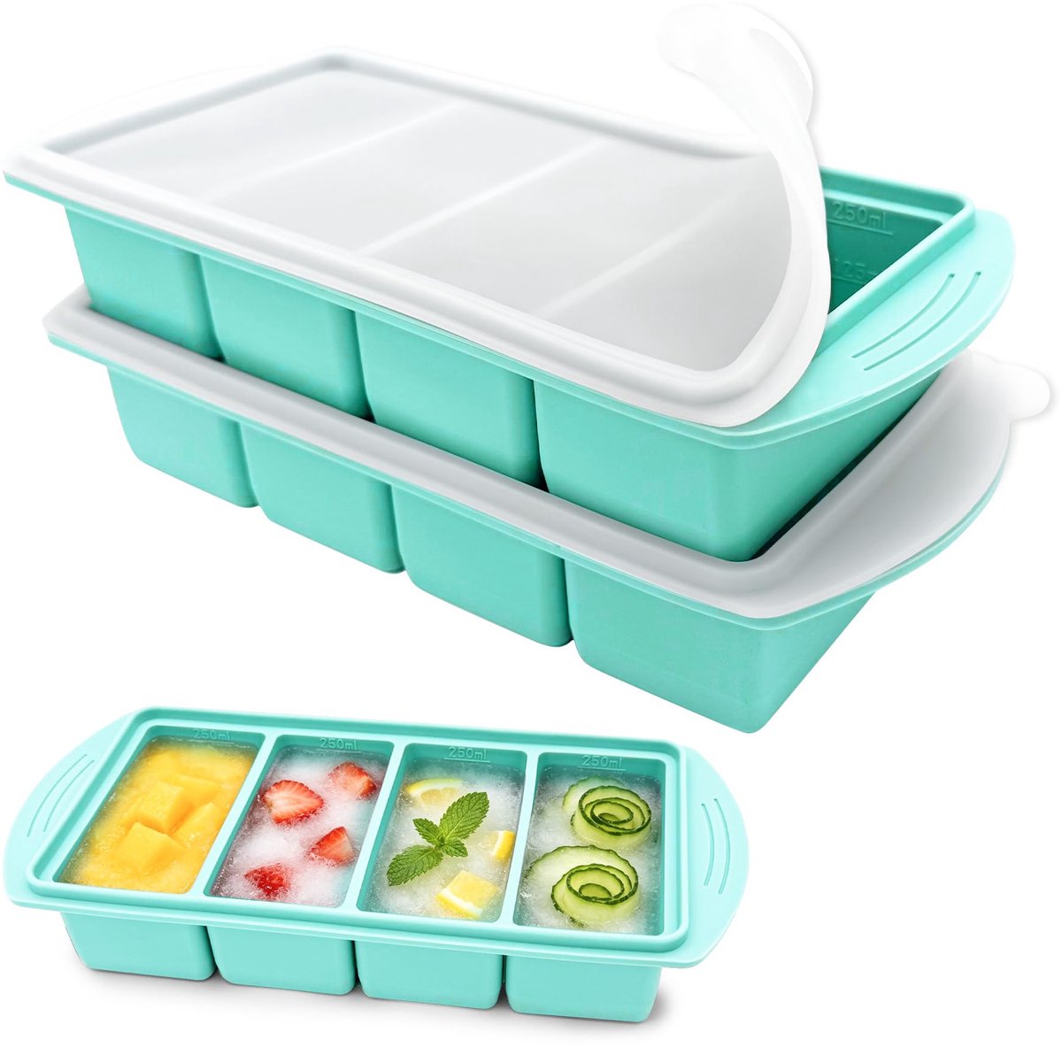 Omgoods- Siliconen Vormen - 2 Stuks - 4 Vakken à 250 ml - BPA-vrij - Temperatuurbestendig - Stapelbaar - Flexibele Bodem - Vriesdoos