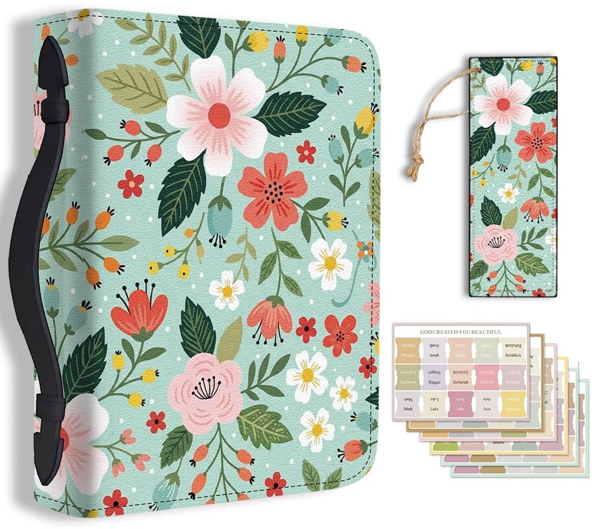 Omgoods - Bijbeltas Greenery PU Lederen Bijbelhoes met Bladwijzer en Bloemen