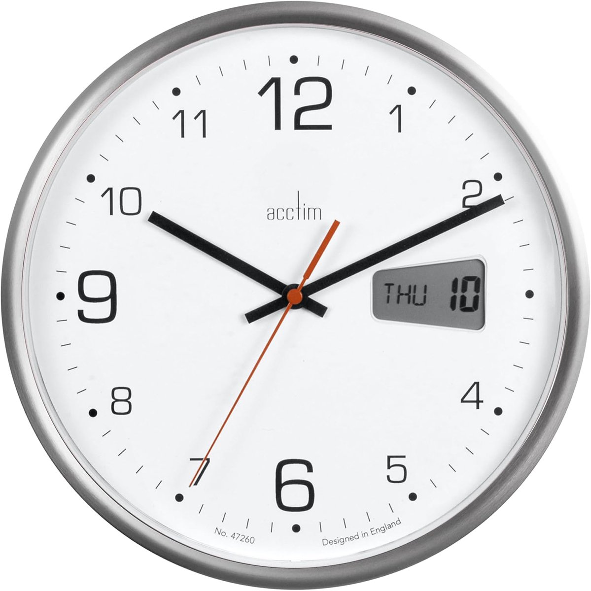 SnelShoppen - Digitale Wandklok Kantoor 26,7 cm - Acctim Kalendar 22367 - Quartz Klok met Datum en Taalkeuze - Zilveren Kunststof - Stijlvol voor Thui