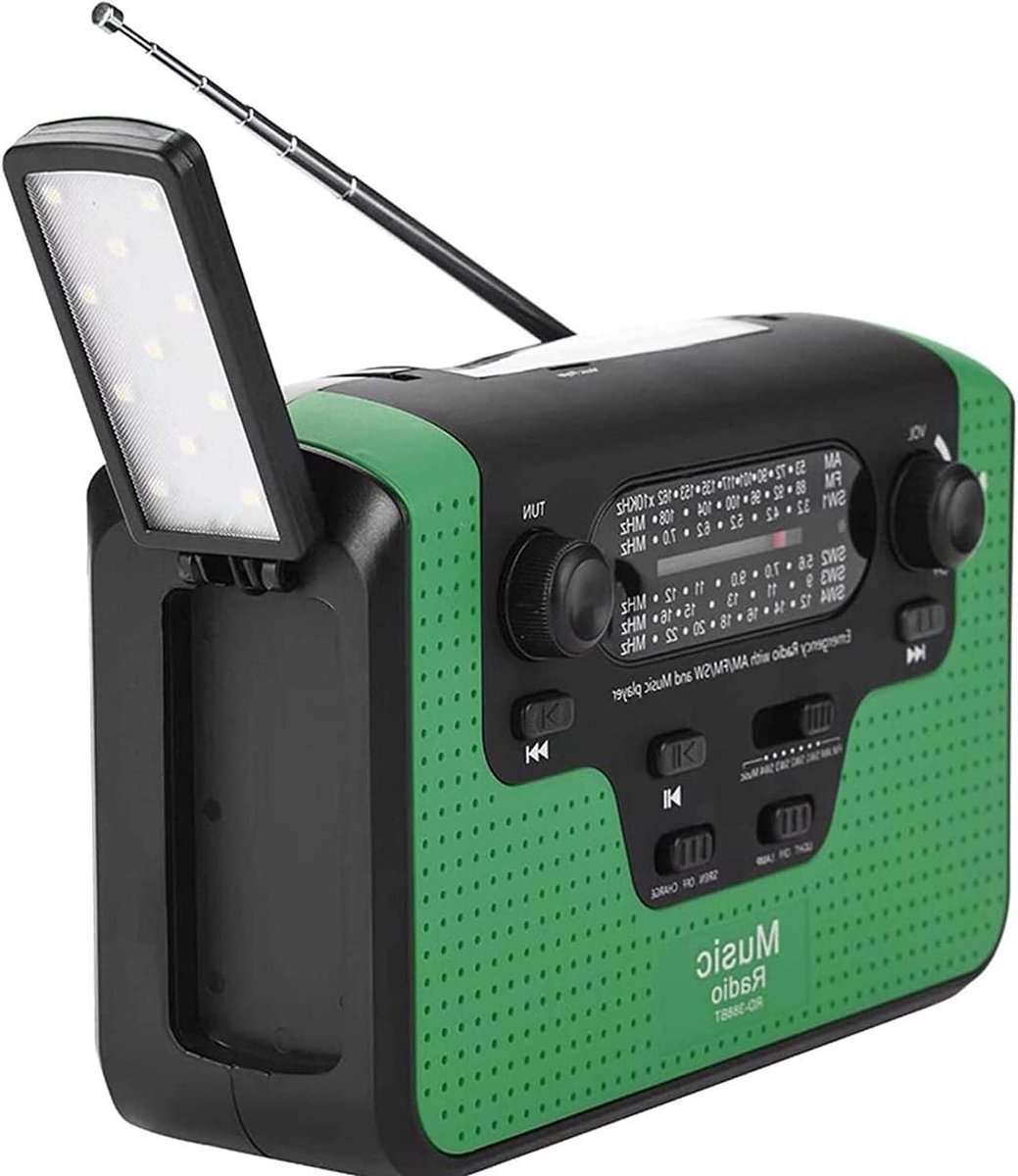Noodradio - Weerradio Zaklamp - Noodsituaties - Zonne- en Slling - 16GB Geheugen - Zwart