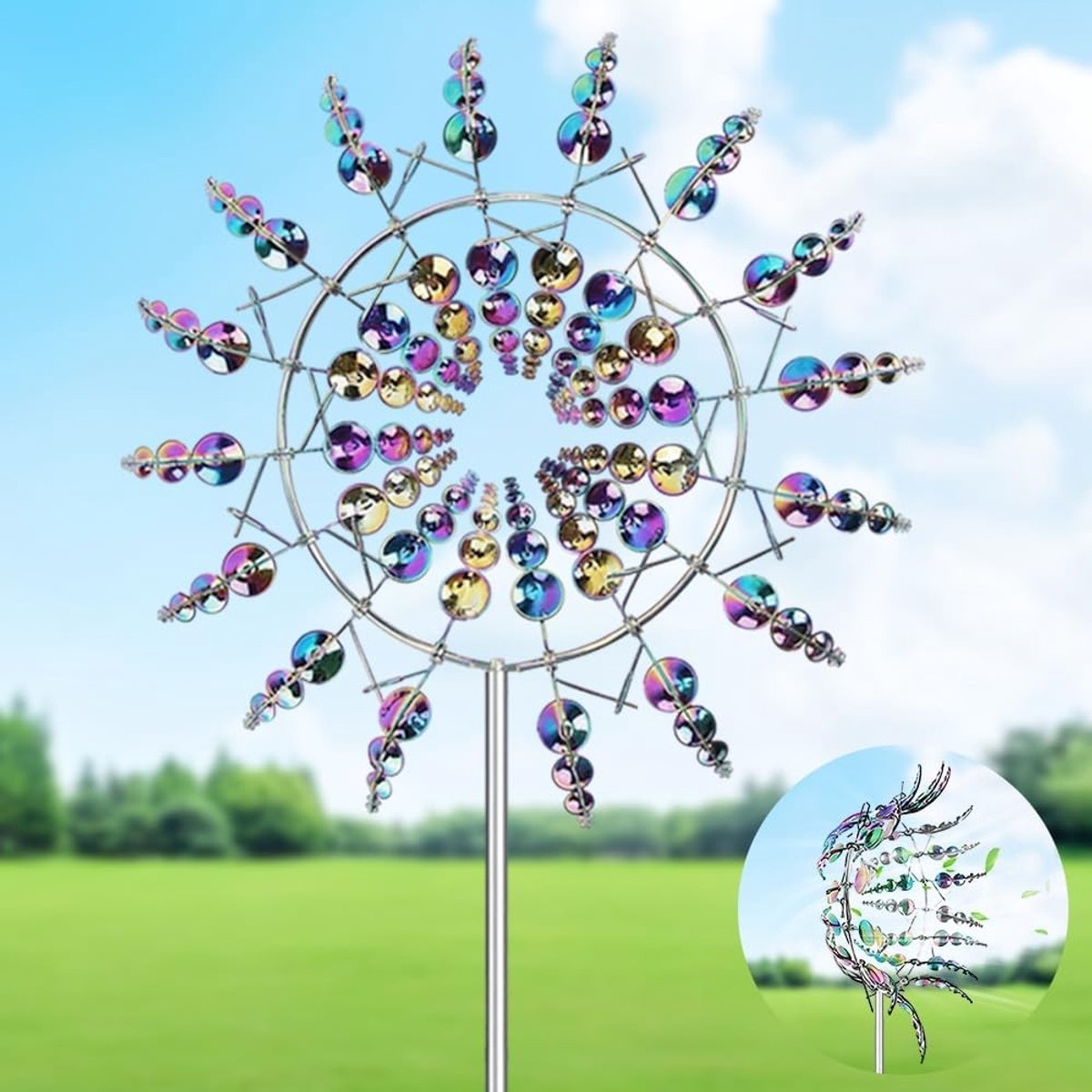 3D Windmolen van RVS met Tuinpole - Kinetische Windspinner voor Buiten met 360° Dubbele Rotoren, Perfect voor Tuin en Patio
