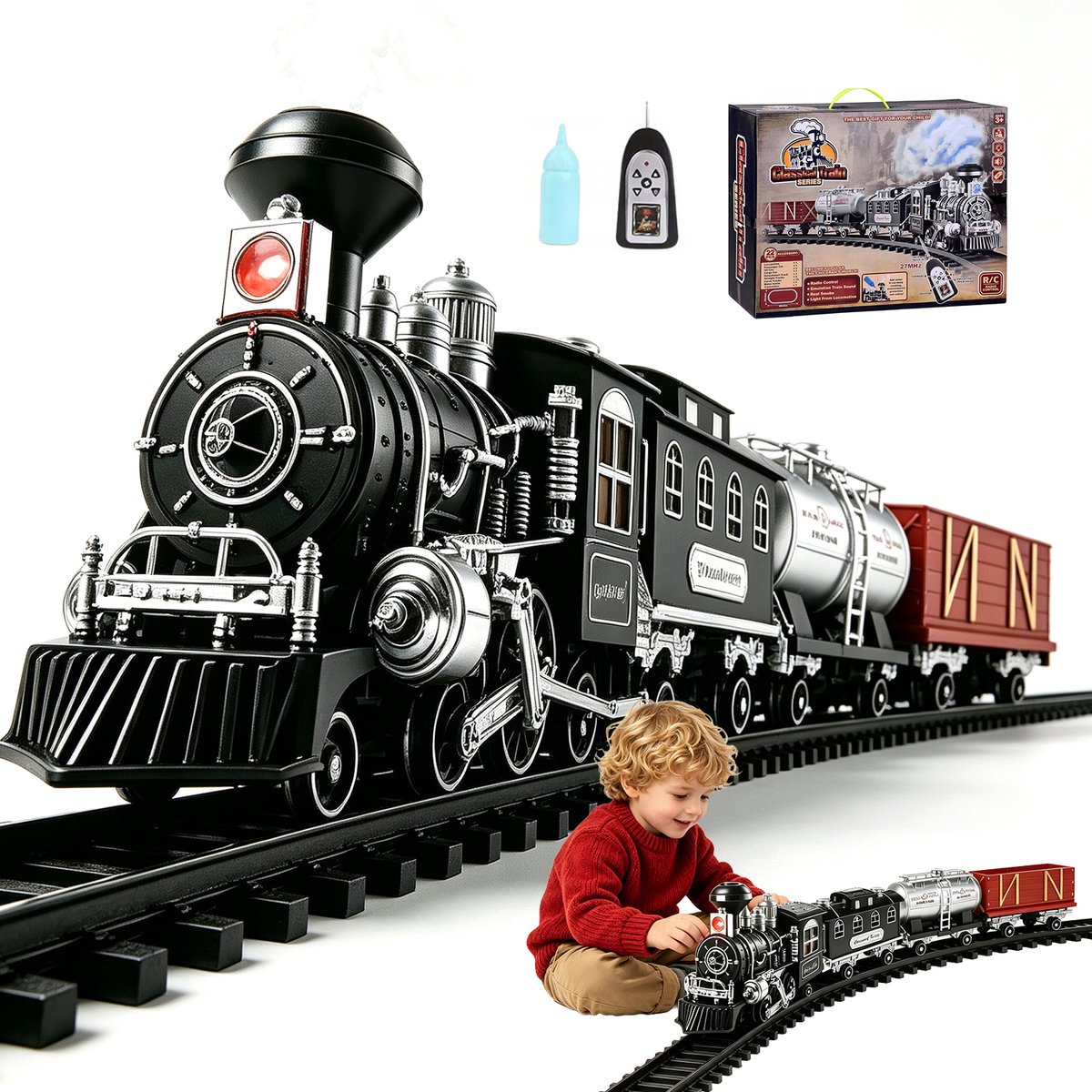 Stoomtrein met Afstandsbediening - Stoomlocomotief - LED-Wagons & Claxon - 2-in-1 Railmontage - Geluid en Licht - Rook - met Rails - Zwart Vintage Design - Cadeau voor Kinderen & Feestdagen