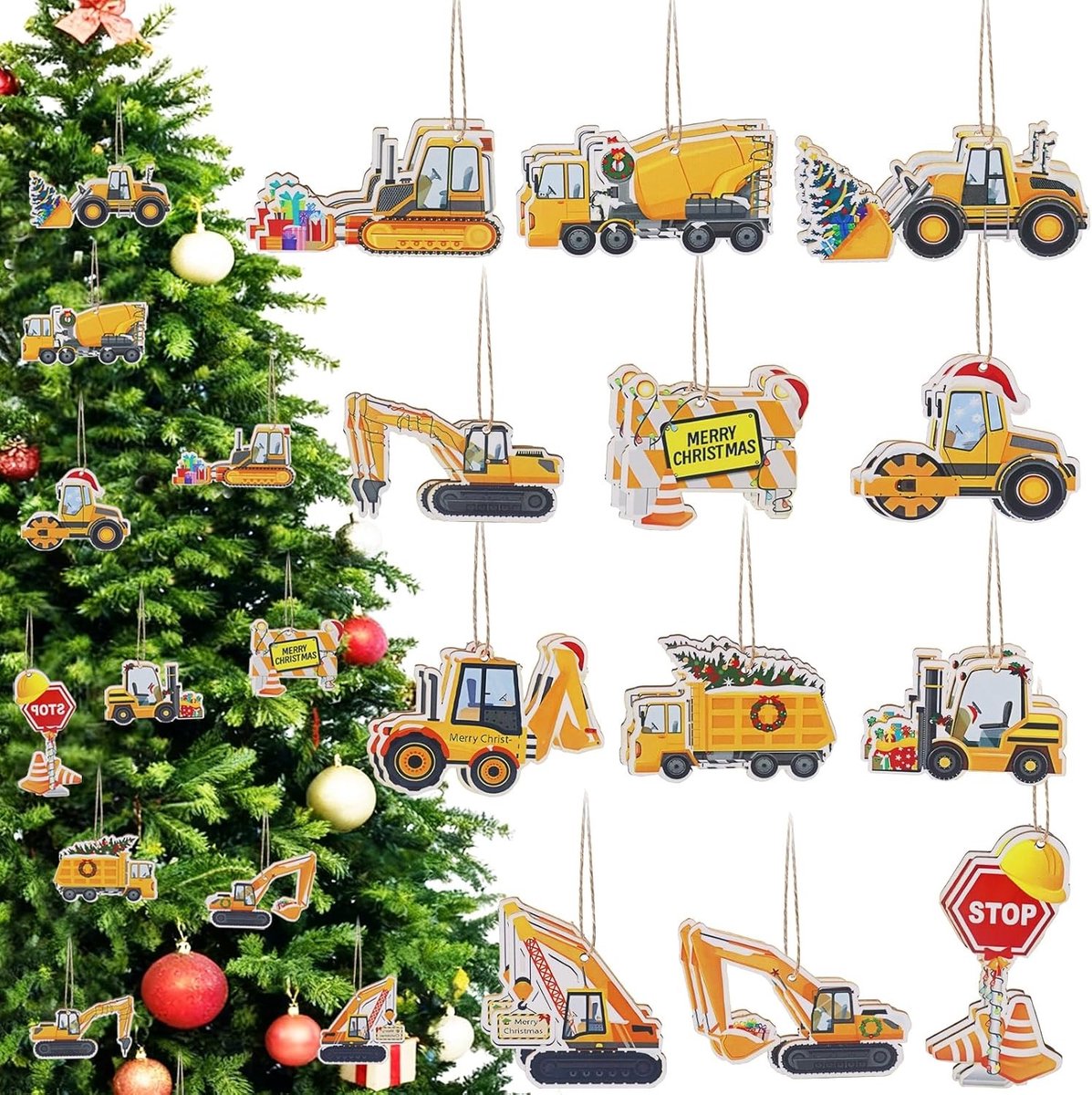 24 Stuks Houten Kerstdecoratie, Graafmachine Ornamenten voor Kerstboom, Feestelijke Versiering voor Binnen en Buiten