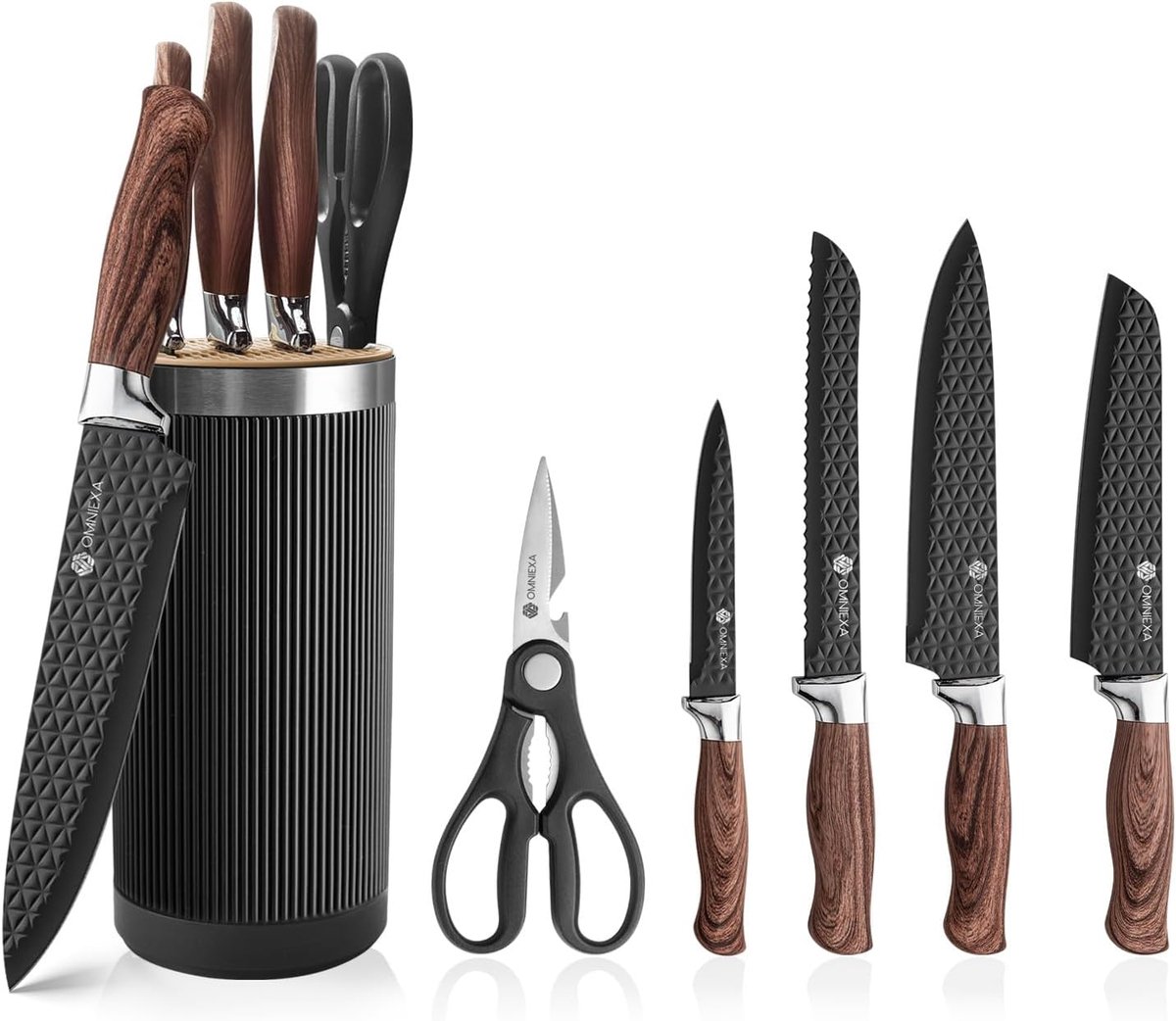 SnelShoppen - DuneWood Messenset met Blok - 6-delige Keukenmessen met Santoku Messen, Schaar, Roestvrij Staal, Non-Stick Diamant Coating, Luxe Houtloo