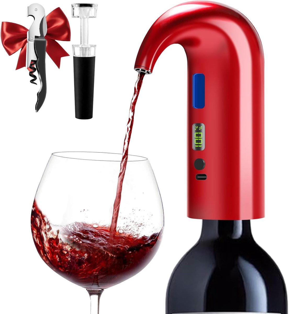 wijnbeluchter, decanter, automatische en draagbare wijndispenser, doseerbare wijndispenser met wijntemperatuurweergave, oplaadbaar, type C (A-Rood)