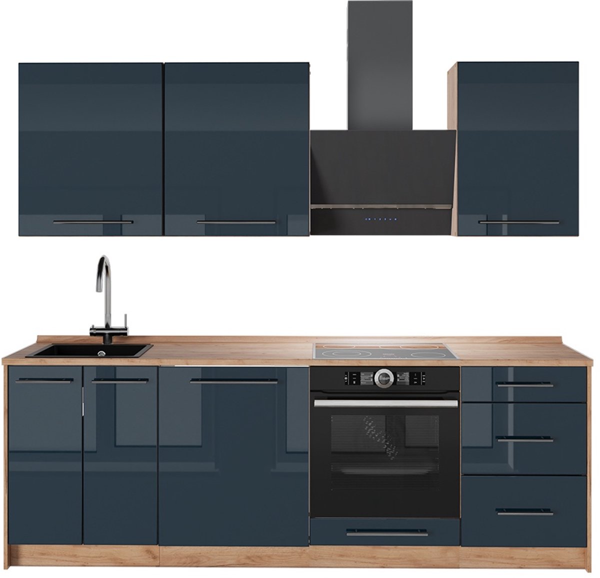 Vicco Complete keukeneenheid Fame-Line, Donkerblauw hoogglans/Goudkleurig Eiken, 230 cm, WB Eik