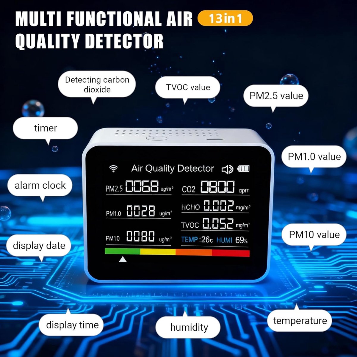 SnelShoppen - 13 In 1 Slimme Luchtkwaliteitsmonitor Binnen, Draagbare CO2 Detector, Wifi Luchtkwaliteitsmeter met App Controle, Alarmfunctie, Wit