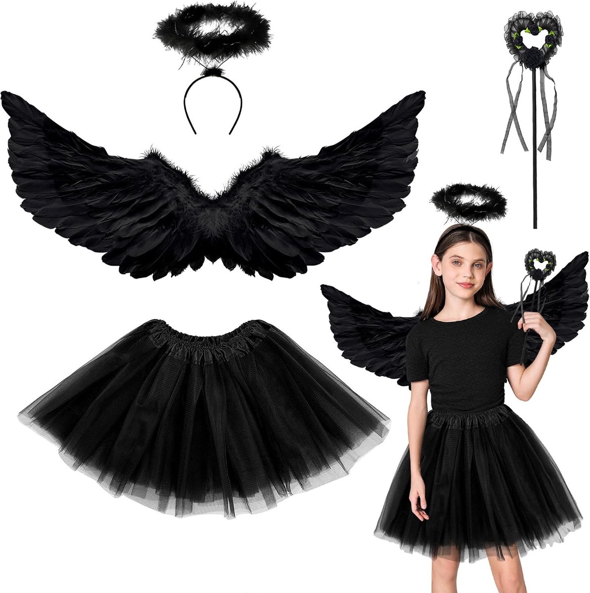 Engelenvleugels en Halo Wandaccessoires voor Kostuums - Tulle Tutu Rok voor Vrouwen en Meisjes voor Halloween, Kerst en Carnaval Feestjes