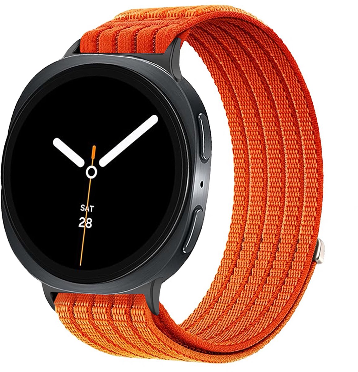 Stravo Nylon Sportbandje met Klittenband – Geschikt voor Samsung Galaxy Watch 9 (40/44mm) / Watch 8 (40/44mm) / Watch 8 Classic (46mm) – Ademend Horlogebandje met Verticale Geweven Structuur – Oranje